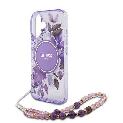 iPhone 16 Kılıf Guess Orijinal Lisanslı M-safe Şarj Özellikli IML Baskılı Çiçek İnci Bileklikli Kılıf