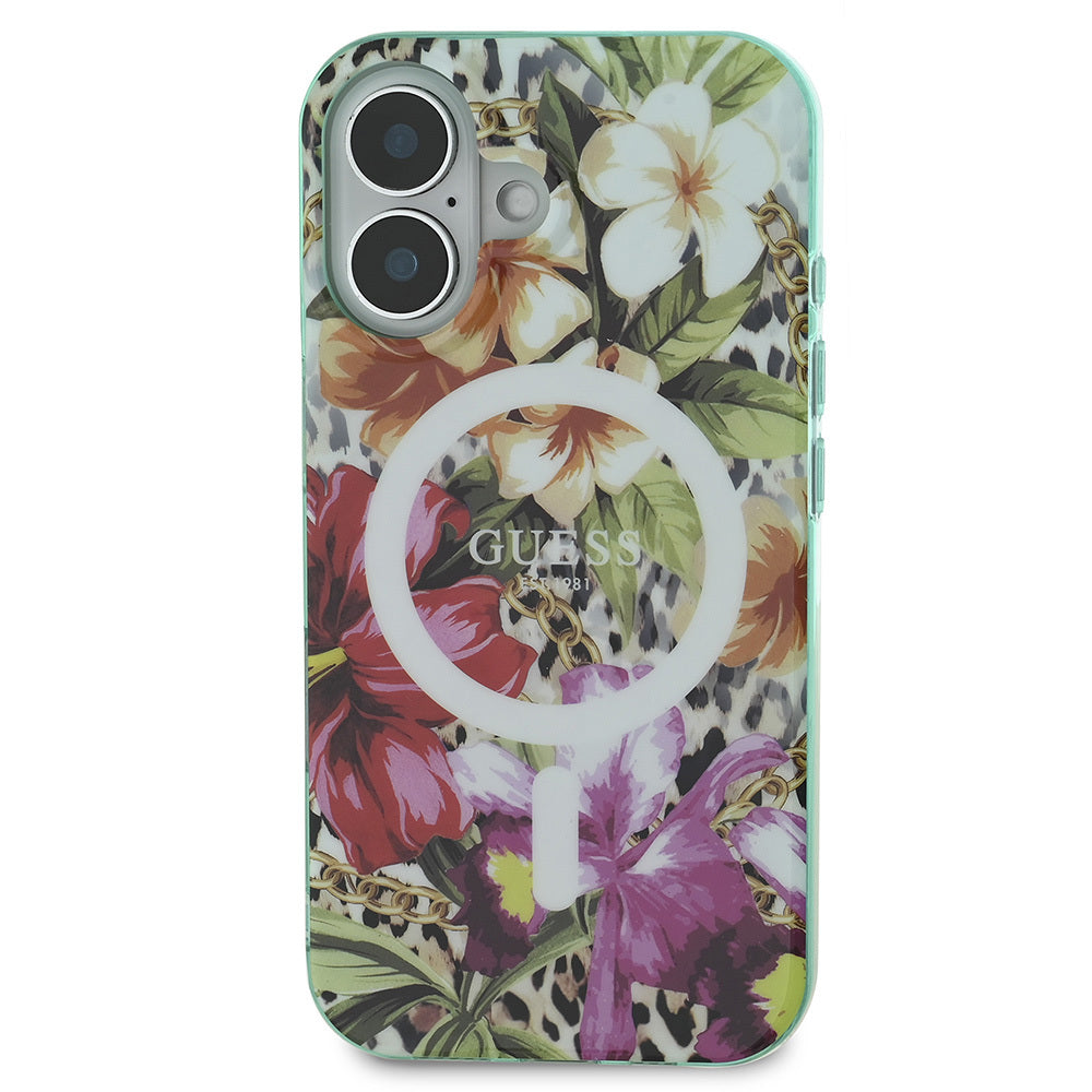 iPhone 16 Kılıf Guess Orijinal Lisanslı M-safe Şarj Özellikli IML Baskılı Jungle Ring Kılıf