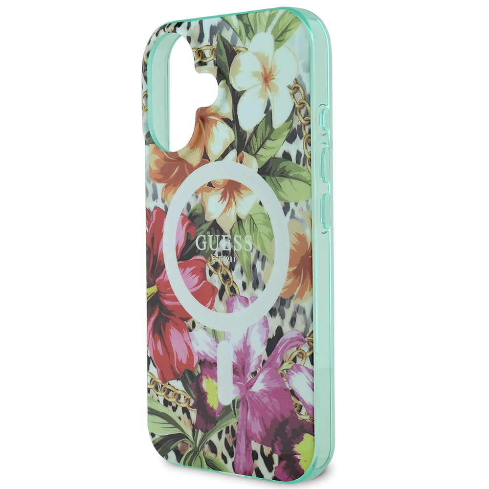 iPhone 16 Kılıf Guess Orijinal Lisanslı M-safe Şarj Özellikli IML Baskılı Jungle Ring Kılıf
