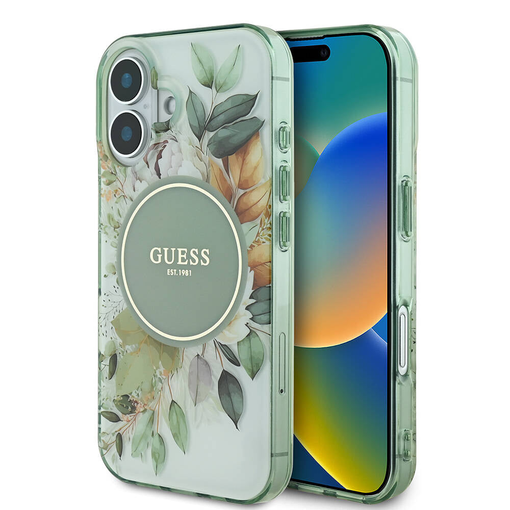 iPhone 16 Kılıf Guess Orijinal Lisanslı M-safe Şarj Özellikli IML Baskılı Yazı Logolu Flower Tonal Circle Kılıf