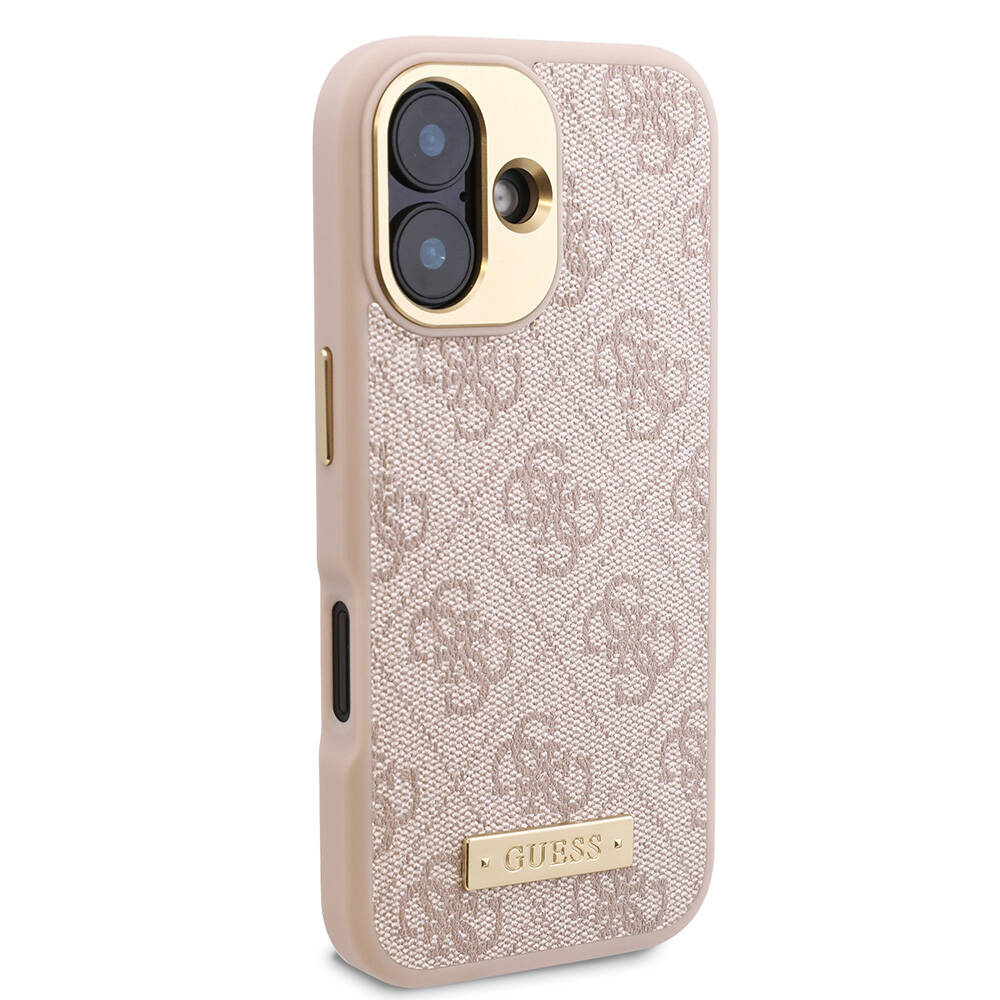 iPhone 16 Kılıf Guess Orijinal Lisanslı M-safe Şarj Özellikli PU 4G Desenli Metal Plaka Klasik Logolu Kılıf