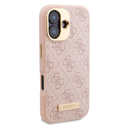 iPhone 16 Kılıf Guess Orijinal Lisanslı M-safe Şarj Özellikli PU 4G Desenli Metal Plaka Klasik Logolu Kılıf