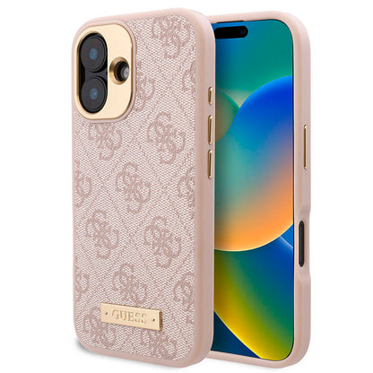 iPhone 16 Kılıf Guess Orijinal Lisanslı M-safe Şarj Özellikli PU 4G Desenli Metal Plaka Klasik Logolu Kılıf