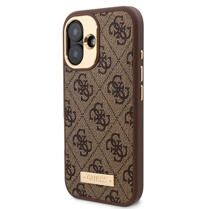 iPhone 16 Kılıf Guess Orijinal Lisanslı M-safe Şarj Özellikli PU 4G Desenli Metal Plaka Klasik Logolu Kılıf