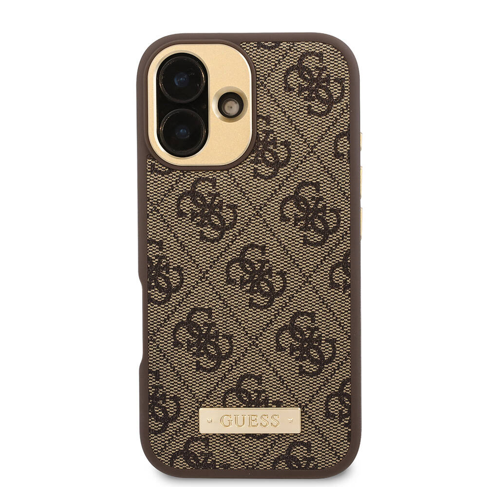 iPhone 16 Kılıf Guess Orijinal Lisanslı M-safe Şarj Özellikli PU 4G Desenli Metal Plaka Klasik Logolu Kılıf