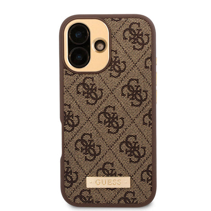 iPhone 16 Kılıf Guess Orijinal Lisanslı M-safe Şarj Özellikli PU 4G Desenli Metal Plaka Klasik Logolu Kılıf