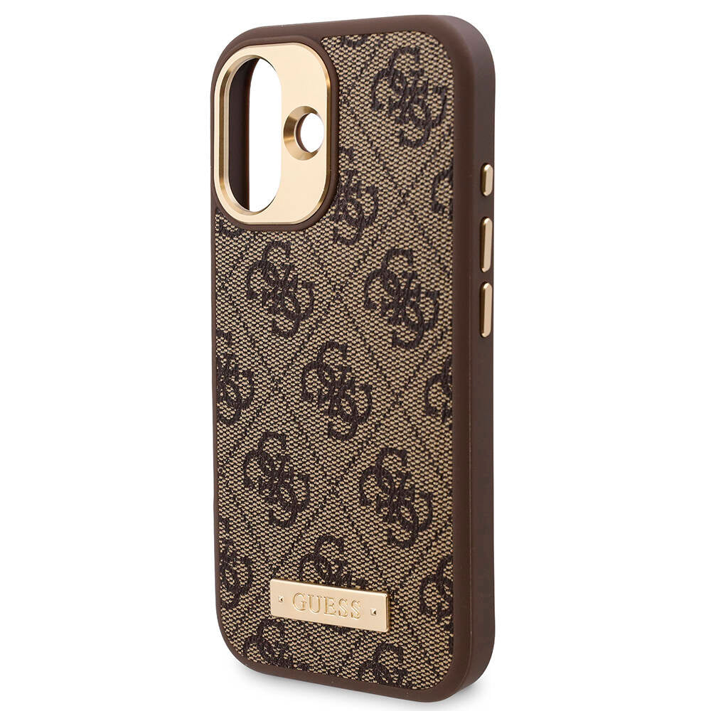 iPhone 16 Kılıf Guess Orijinal Lisanslı M-safe Şarj Özellikli PU 4G Desenli Metal Plaka Klasik Logolu Kılıf