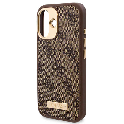 iPhone 16 Kılıf Guess Orijinal Lisanslı M-safe Şarj Özellikli PU 4G Desenli Metal Plaka Klasik Logolu Kılıf