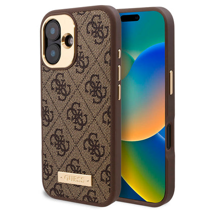 iPhone 16 Kılıf Guess Orijinal Lisanslı M-safe Şarj Özellikli PU 4G Desenli Metal Plaka Klasik Logolu Kılıf