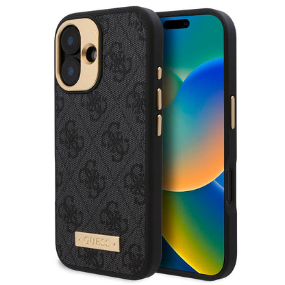 iPhone 16 Kılıf Guess Orijinal Lisanslı M-safe Şarj Özellikli PU 4G Desenli Metal Plaka Klasik Logolu Kılıf