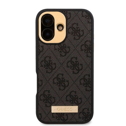 iPhone 16 Kılıf Guess Orijinal Lisanslı M-safe Şarj Özellikli PU 4G Desenli Metal Plaka Klasik Logolu Kılıf
