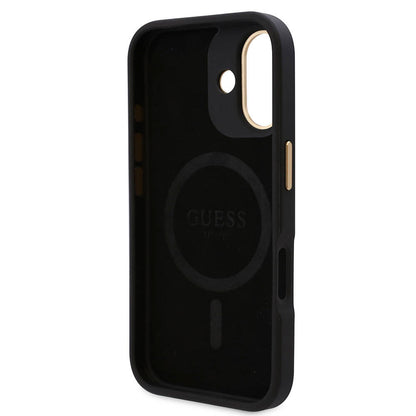 iPhone 16 Kılıf Guess Orijinal Lisanslı M-safe Şarj Özellikli PU 4G Desenli Metal Plaka Klasik Logolu Kılıf