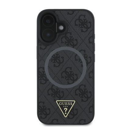 iPhone 16 Kılıf Guess Orijinal Lisanslı M-safe Şarj Özellikli PU Üçgen Logo 4G Desenli Kılıf