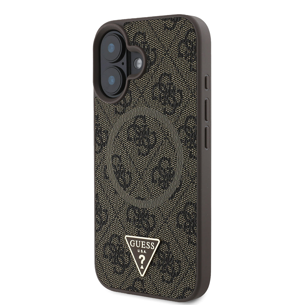 iPhone 16 Kılıf Guess Orijinal Lisanslı M-safe Şarj Özellikli PU Üçgen Logo 4G Desenli Kılıf