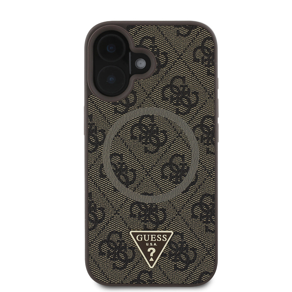 iPhone 16 Kılıf Guess Orijinal Lisanslı M-safe Şarj Özellikli PU Üçgen Logo 4G Desenli Kılıf