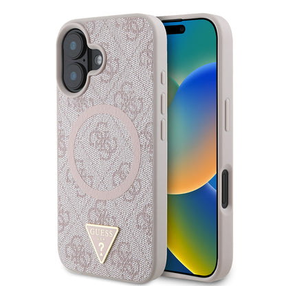 iPhone 16 Kılıf Guess Orijinal Lisanslı M-safe Şarj Özellikli PU Üçgen Logo 4G Desenli Kılıf