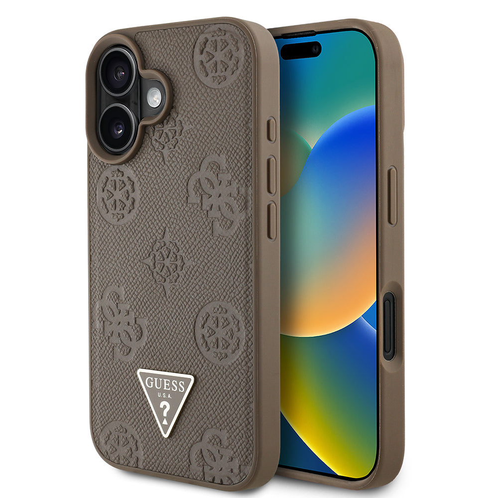 iPhone 16 Kılıf Guess Orijinal Lisanslı M-safe Şarj Özellikli Sıcak Baskılı Üçgen Logolu PU Deri Peony Kılıf