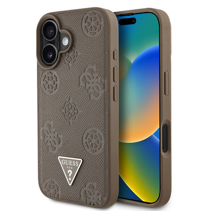 iPhone 16 Kılıf Guess Orijinal Lisanslı M-safe Şarj Özellikli Sıcak Baskılı Üçgen Logolu PU Deri Peony Kılıf