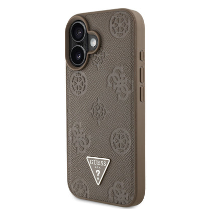 iPhone 16 Kılıf Guess Orijinal Lisanslı M-safe Şarj Özellikli Sıcak Baskılı Üçgen Logolu PU Deri Peony Kılıf