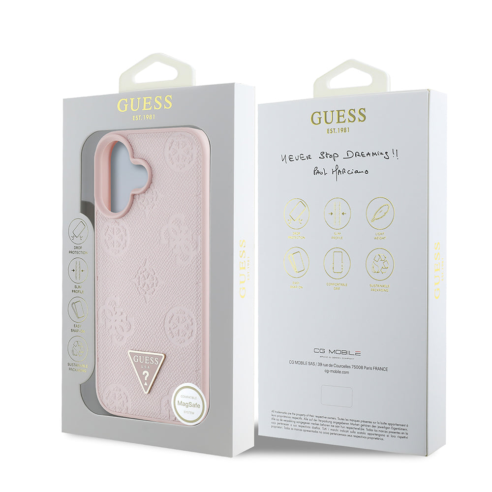 iPhone 16 Kılıf Guess Orijinal Lisanslı M-safe Şarj Özellikli Sıcak Baskılı Üçgen Logolu PU Deri Peony Kılıf