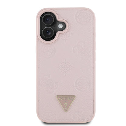 iPhone 16 Kılıf Guess Orijinal Lisanslı M-safe Şarj Özellikli Sıcak Baskılı Üçgen Logolu PU Deri Peony Kılıf