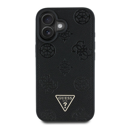 iPhone 16 Kılıf Guess Orijinal Lisanslı M-safe Şarj Özellikli Sıcak Baskılı Üçgen Logolu PU Deri Peony Kılıf