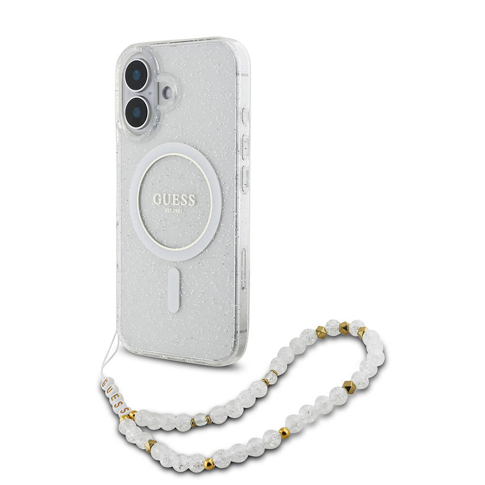 iPhone 16 Kılıf Guess Orijinal Lisanslı M-safe Şarj Özellikli Simli Silikon İnci Bileklikli Kılıf