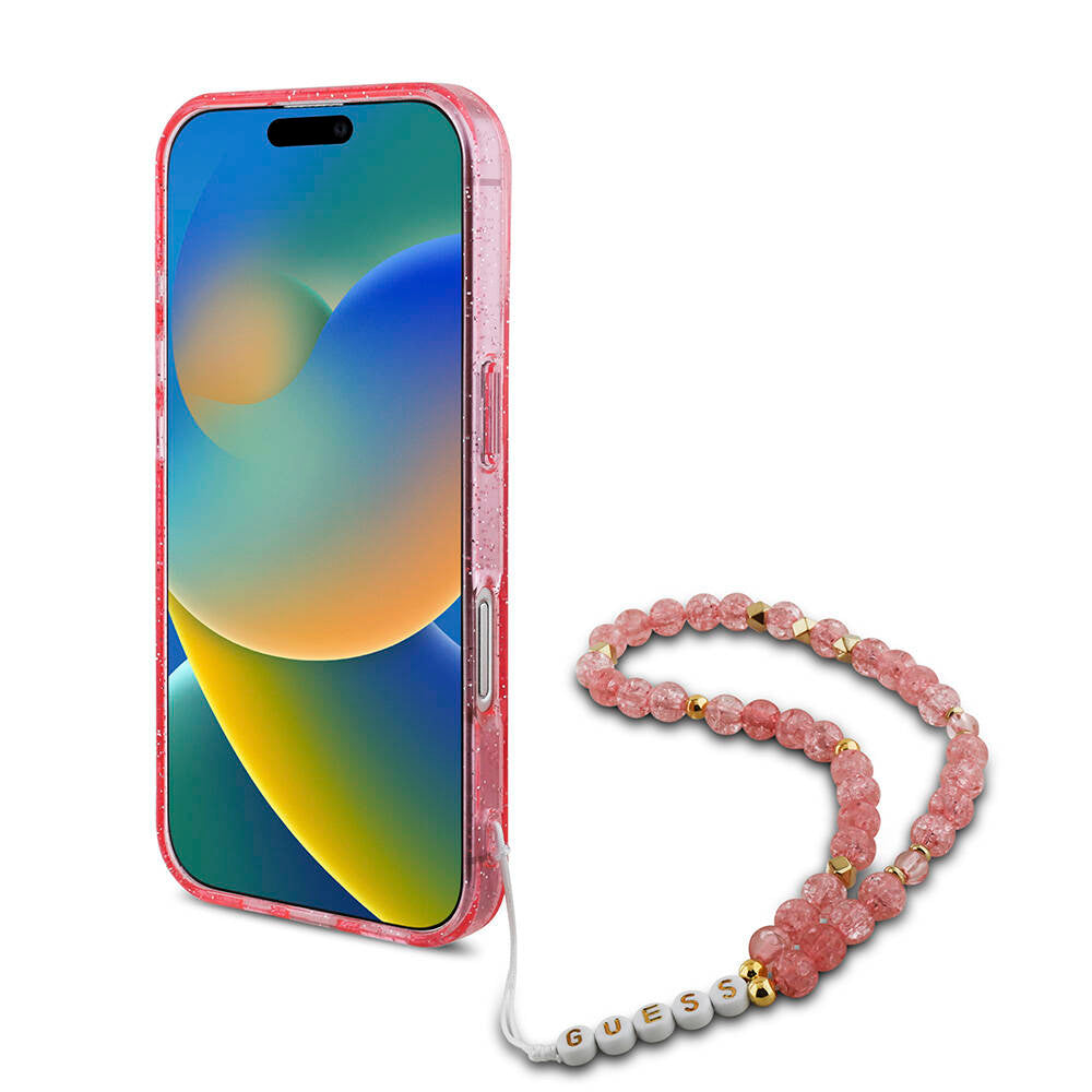 iPhone 16 Kılıf Guess Orijinal Lisanslı M-safe Şarj Özellikli Simli Silikon İnci Bileklikli Kılıf