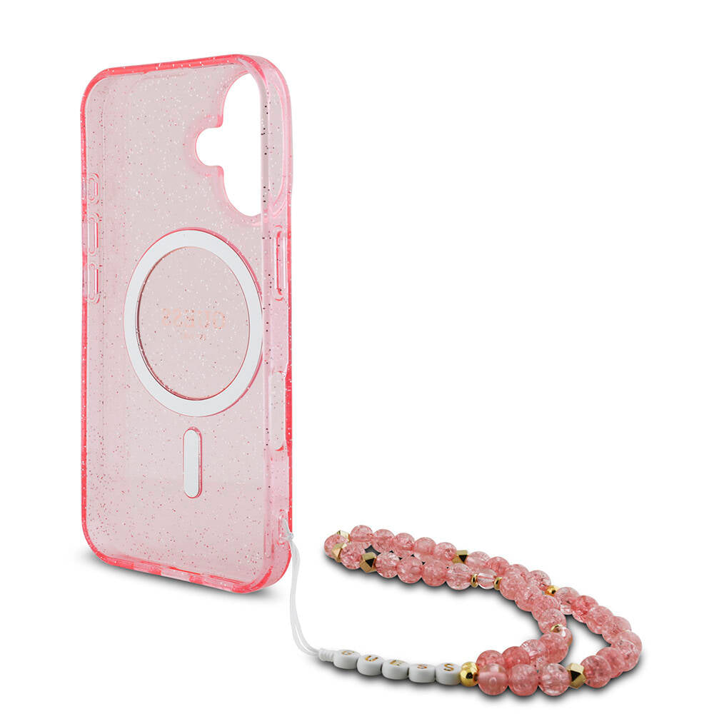 iPhone 16 Kılıf Guess Orijinal Lisanslı M-safe Şarj Özellikli Simli Silikon İnci Bileklikli Kılıf