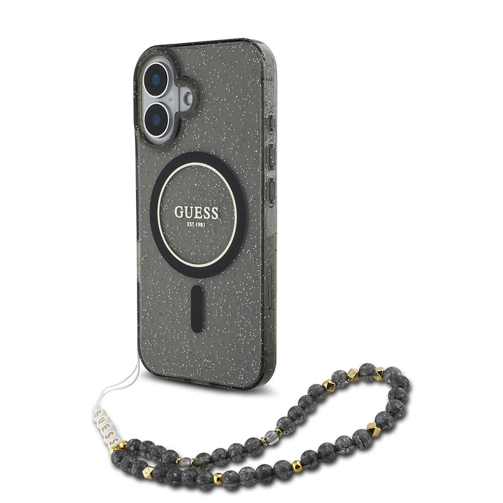 iPhone 16 Kılıf Guess Orijinal Lisanslı M-safe Şarj Özellikli Simli Silikon İnci Bileklikli Kılıf