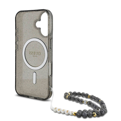 iPhone 16 Kılıf Guess Orijinal Lisanslı M-safe Şarj Özellikli Simli Silikon İnci Bileklikli Kılıf