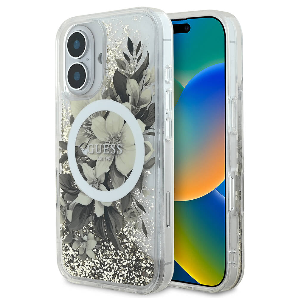 iPhone 16 Kılıf Guess Orijinal Lisanslı M-safe Şarj Özellikli Sıvılı Simli Çiçek Desenli Kılıf