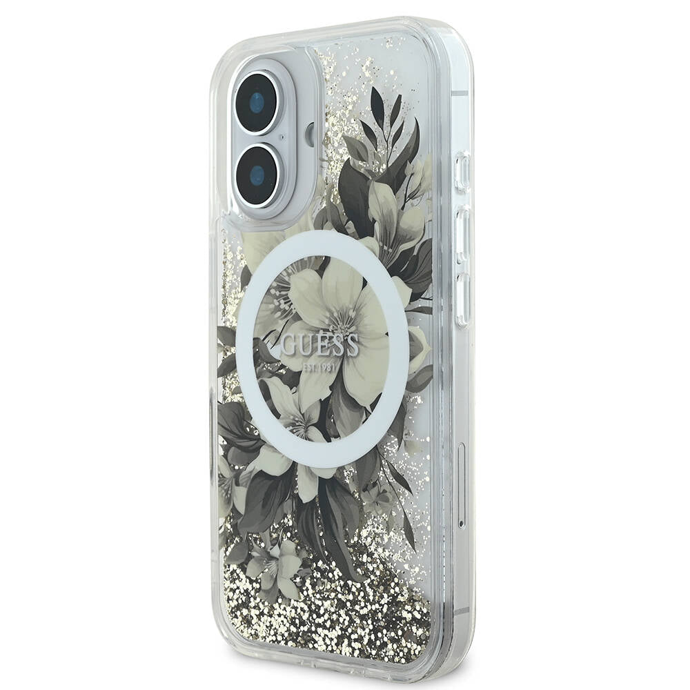 iPhone 16 Kılıf Guess Orijinal Lisanslı M-safe Şarj Özellikli Sıvılı Simli Çiçek Desenli Kılıf