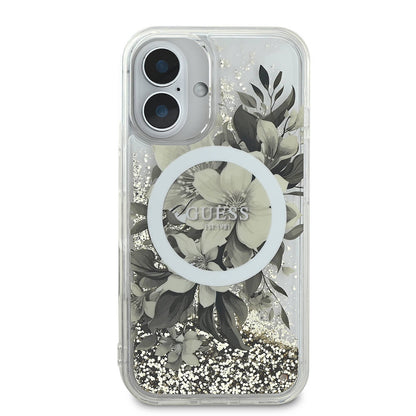 iPhone 16 Kılıf Guess Orijinal Lisanslı M-safe Şarj Özellikli Sıvılı Simli Çiçek Desenli Kılıf