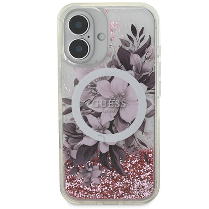 iPhone 16 Kılıf Guess Orijinal Lisanslı M-safe Şarj Özellikli Sıvılı Simli Çiçek Desenli Kılıf