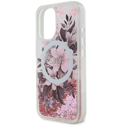 iPhone 16 Kılıf Guess Orijinal Lisanslı M-safe Şarj Özellikli Sıvılı Simli Çiçek Desenli Kılıf