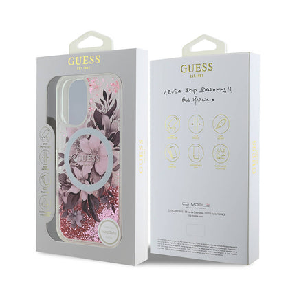 iPhone 16 Kılıf Guess Orijinal Lisanslı M-safe Şarj Özellikli Sıvılı Simli Çiçek Desenli Kılıf