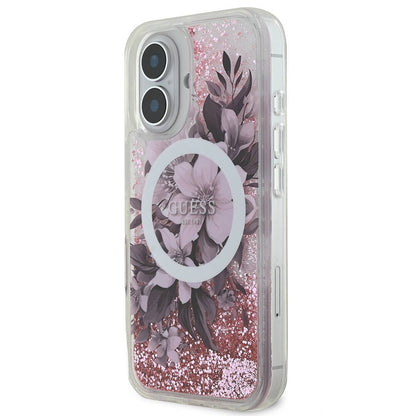 iPhone 16 Kılıf Guess Orijinal Lisanslı M-safe Şarj Özellikli Sıvılı Simli Çiçek Desenli Kılıf