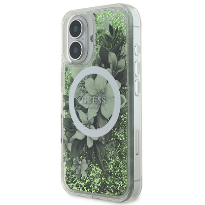 iPhone 16 Kılıf Guess Orijinal Lisanslı M-safe Şarj Özellikli Sıvılı Simli Çiçek Desenli Kılıf