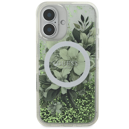 iPhone 16 Kılıf Guess Orijinal Lisanslı M-safe Şarj Özellikli Sıvılı Simli Çiçek Desenli Kılıf