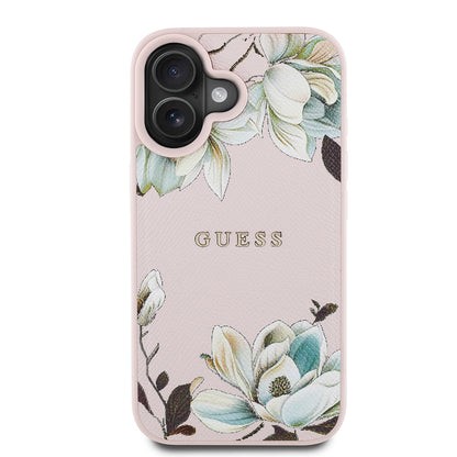 iPhone 16 Kılıf Guess Orijinal Lisanslı M-safe Şarj Özellikli Taneli Çiçek Tasarımlı Metal Yazı Logolu Kılıf