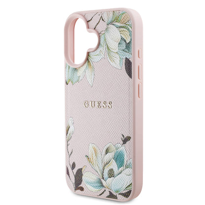 iPhone 16 Kılıf Guess Orijinal Lisanslı M-safe Şarj Özellikli Taneli Çiçek Tasarımlı Metal Yazı Logolu Kılıf