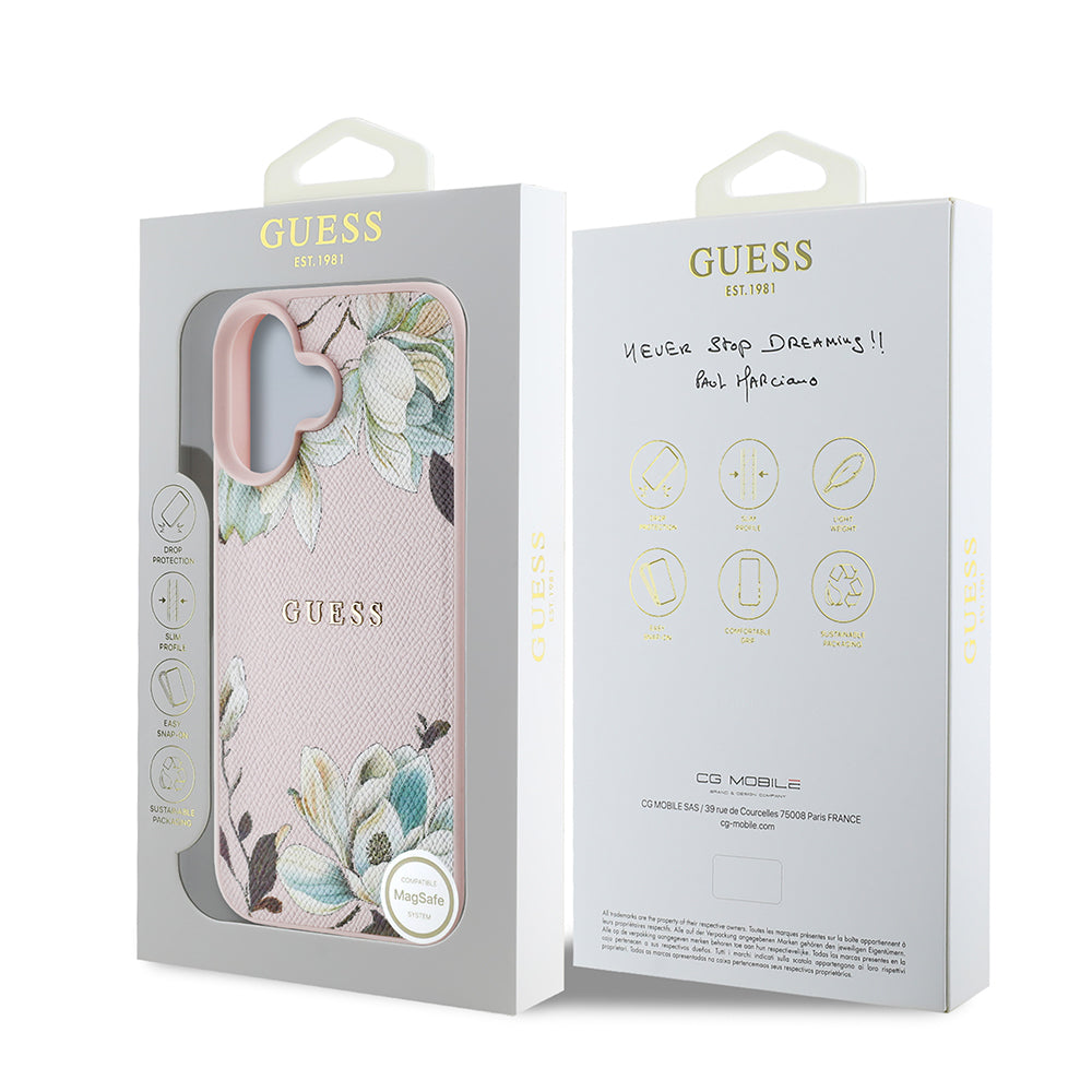 iPhone 16 Kılıf Guess Orijinal Lisanslı M-safe Şarj Özellikli Taneli Çiçek Tasarımlı Metal Yazı Logolu Kılıf