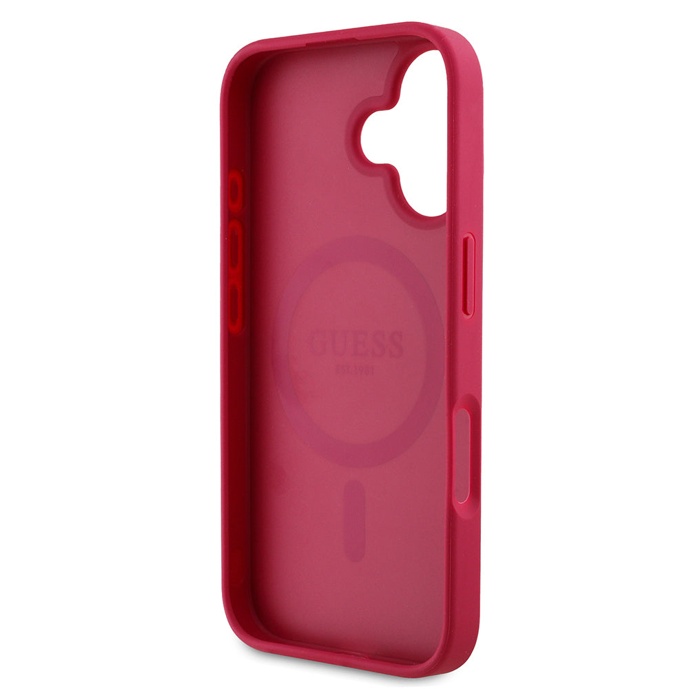 iPhone 16 Kılıf Guess Orijinal Lisanslı M-safe Şarj Özellikli Taneli Çiçek Tasarımlı Metal Yazı Logolu Kılıf