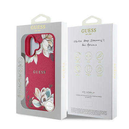 iPhone 16 Kılıf Guess Orijinal Lisanslı M-safe Şarj Özellikli Taneli Çiçek Tasarımlı Metal Yazı Logolu Kılıf