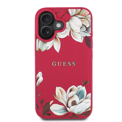 iPhone 16 Kılıf Guess Orijinal Lisanslı M-safe Şarj Özellikli Taneli Çiçek Tasarımlı Metal Yazı Logolu Kılıf