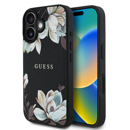 iPhone 16 Kılıf Guess Orijinal Lisanslı M-safe Şarj Özellikli Taneli Çiçek Tasarımlı Metal Yazı Logolu Kılıf