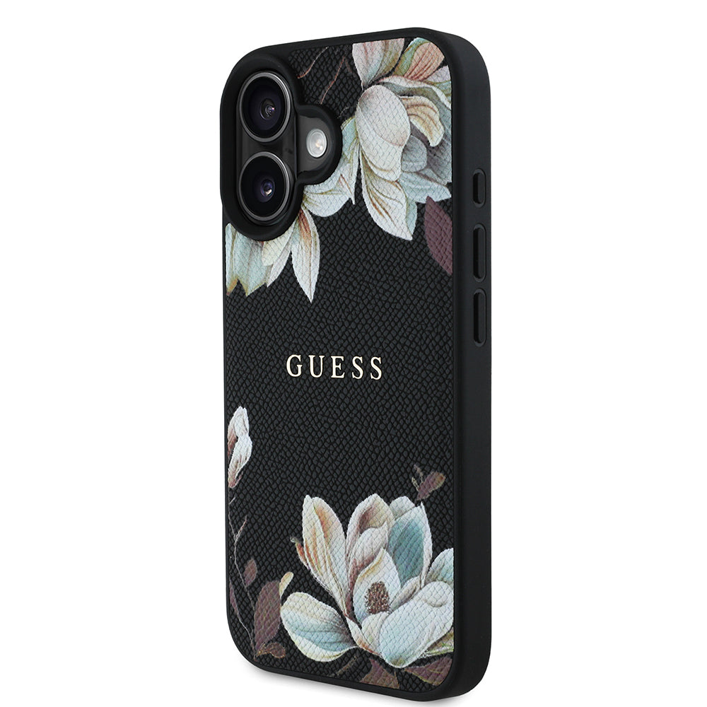 iPhone 16 Kılıf Guess Orijinal Lisanslı M-safe Şarj Özellikli Taneli Çiçek Tasarımlı Metal Yazı Logolu Kılıf