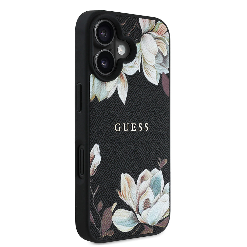 iPhone 16 Kılıf Guess Orijinal Lisanslı M-safe Şarj Özellikli Taneli Çiçek Tasarımlı Metal Yazı Logolu Kılıf