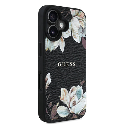 iPhone 16 Kılıf Guess Orijinal Lisanslı M-safe Şarj Özellikli Taneli Çiçek Tasarımlı Metal Yazı Logolu Kılıf